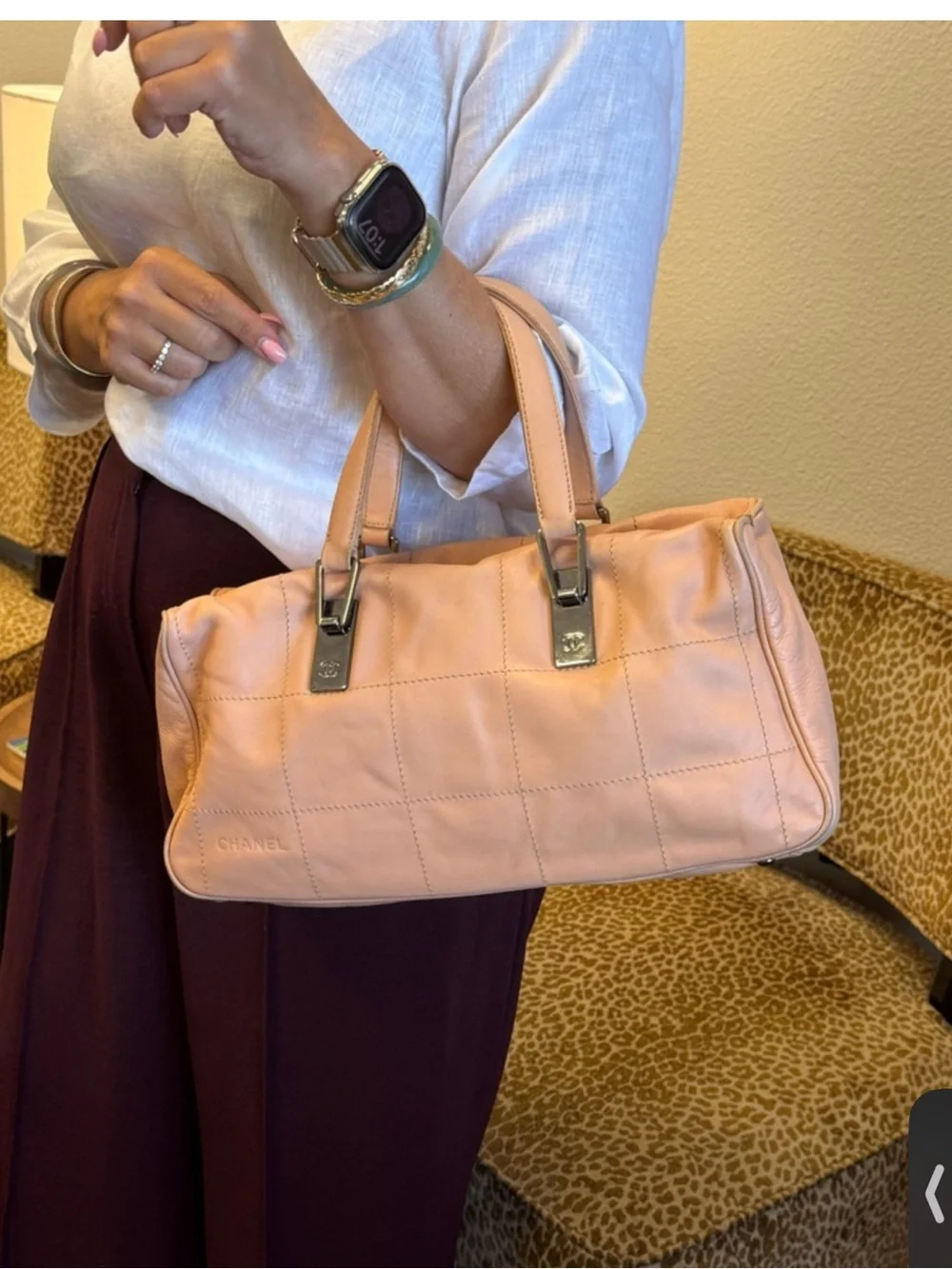 CHANEL Peach Leather Quilted Shoulder Bag